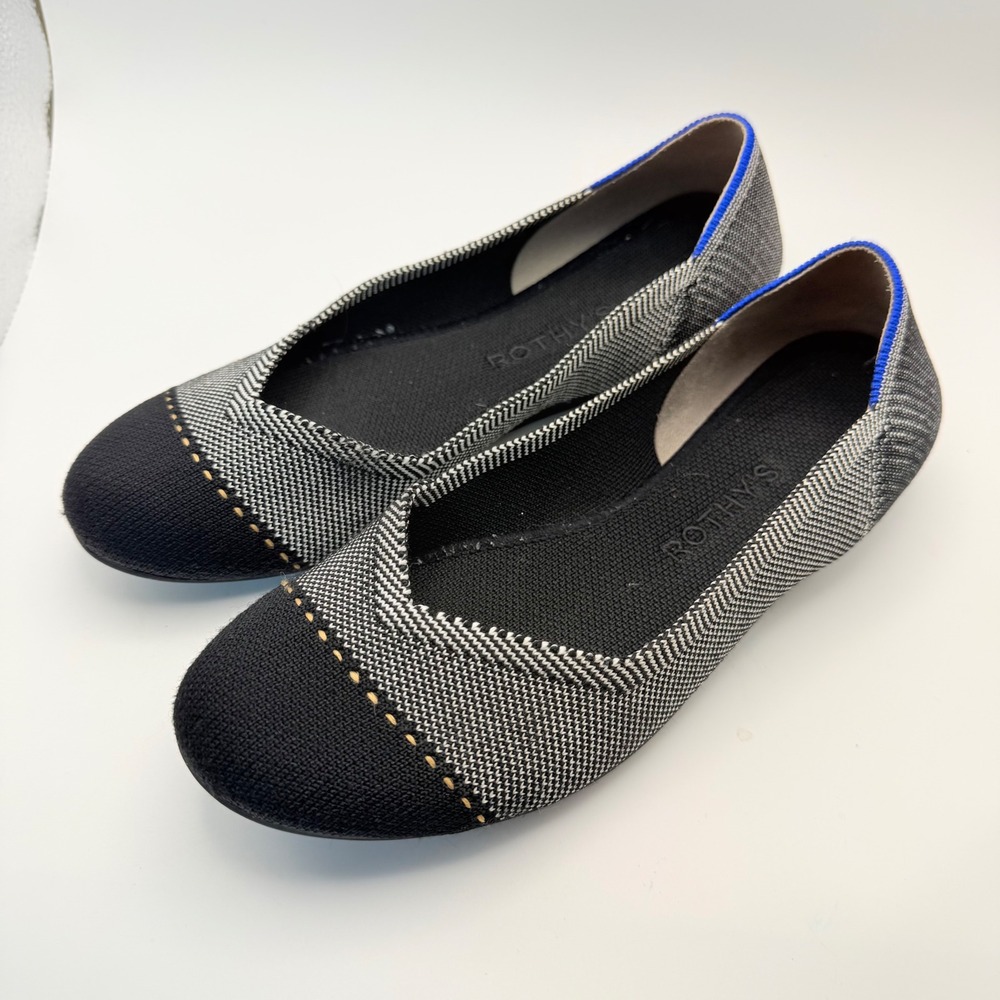 Rothy's Fap Toe Grey Check Black Toe Flats Comfort Slip On Casual Size 7